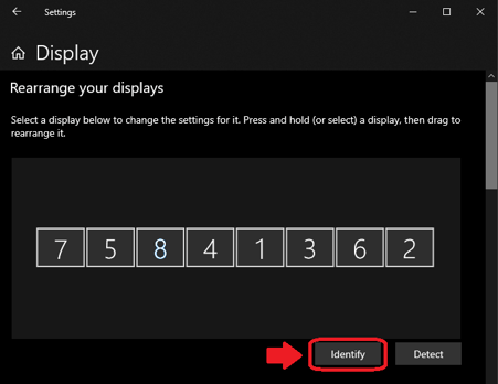 Windows 10 Display Settings Menu, with Identify button highlighted