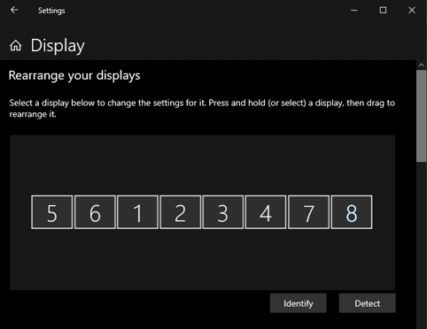 Windows 10 Display Settings Menu, with all monitors aligned