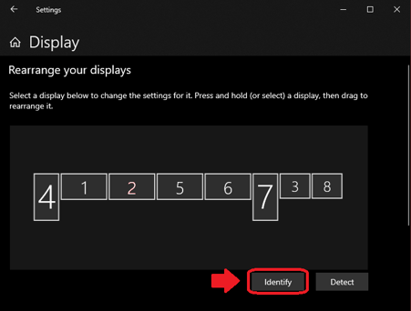 Windows 10 Display Settings Menu, with Identify button highlighted