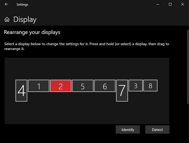 Windows 10 Display Settings Menu, with Pilot screen selected or highlighted