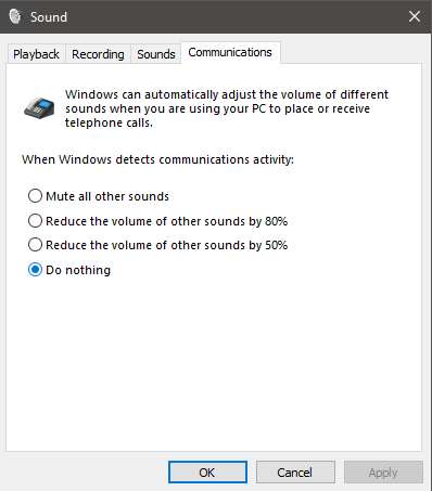 Windows 10 Sound Menu - Communications Tab