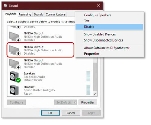 Windows 10 Sound Menu - Disable Monitor Speakers
