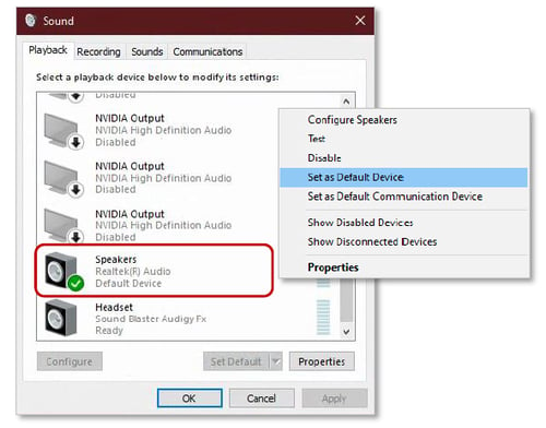 Windows 10 Sound Menu - Set Speakers as Default