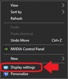 Windows 10 Desktop right-click context menu, with Display Settings highlighted
