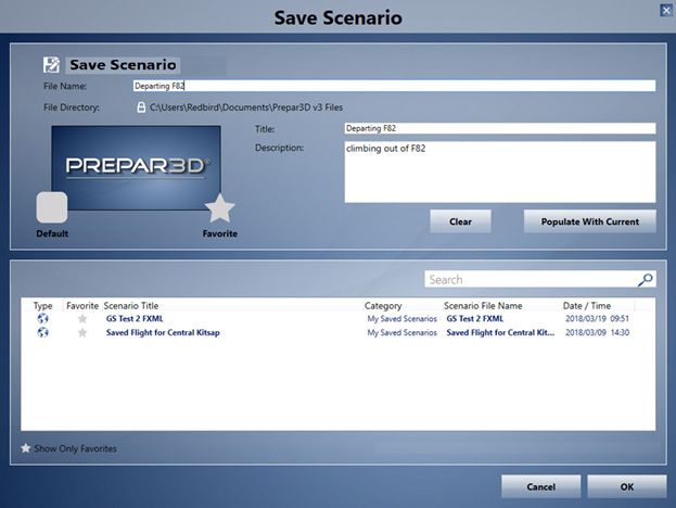 Save Scenario screen in Prepar3D